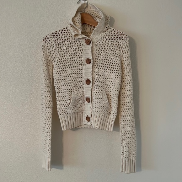Abercrombie & Fitch Sweaters - Abercrombie & Fitch Cream Knit Button Up Hooded Cardigan Womens Large